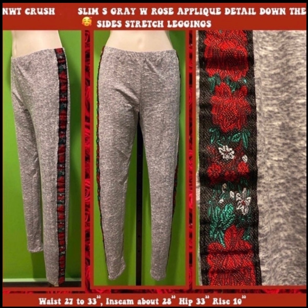 NWT SLIM S STRETCH LEGGINGS GRAY W ROSE APPLIQUE DETAIL COTTAGECORE